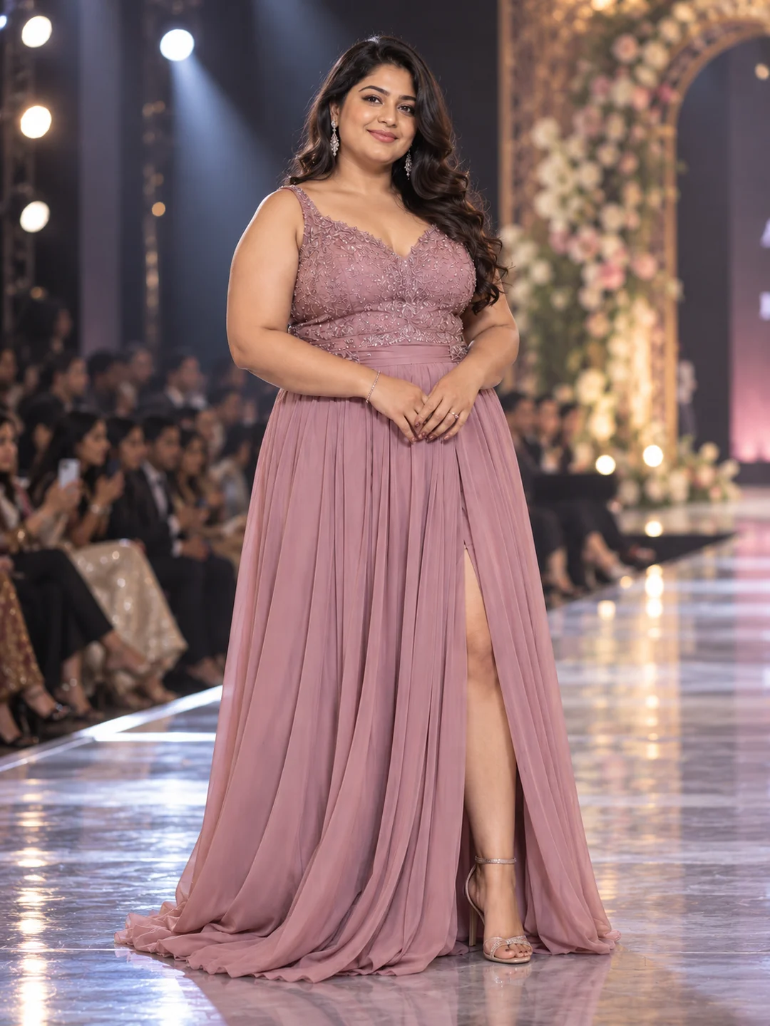 Woman in an embellished mauve gown walking the runway under stage lights